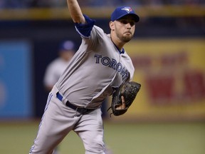 Blue Jays starting pitcher Marco Estrada throws a pitch during the first inning against the Rays in St. Petersburg, Fla., Sunday, May 6, 2018.