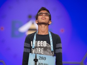 Tanay Nandan, 11, from Short Hills, N.J., spells his word correctly during the 3rd Round of the Scripps National Spelling Bee in Oxon Hill, Md., Wednesday, May 30, 2018.