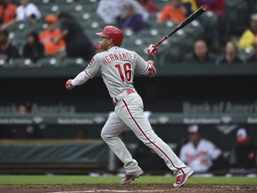 Philadelphia Phllies' Cesar Hernandez follows through on a solo home in the sixth inning of baseball game against the Baltimore Orioles, Wednesday, May 16, 2018, in Baltimore.