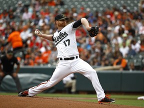 Baltimore Orioles starting pitcher Alex Cobb throws to the Washington Nationals in the first inning of an interleague baseball game, Monday, May 28, 2018, in Baltimore.