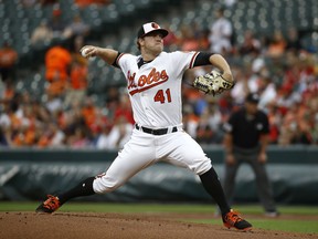Baltimore Orioles starting pitcher David Hess throws to a Washington Nationals batter during the first inning of a baseball game Wednesday, May 30, 2018, in Baltimore.