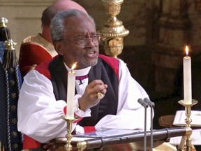In this frame from video, the Most Rev. Michael Bruce Curry speaks during the wedding of Prince Harry and Meghan Markle at St. George's Chapel in Windsor, Saturday, May 19, 2018.