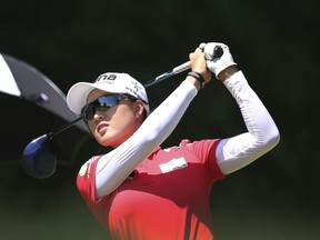Minjee Lee, of Australia, drives on the fifth tee during the final round of the LPGA Volvik Championship golf tournament at the Travis Pointe Country Club, Sunday, May 27, 2018, in Ann Arbor, Mich.