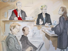 In this artist's sketch, Dellen Millard (left) appears in court in Toronto on Thursday, May 31, 2018 for his judge-only trial for the murder of his father, Wayne Millard. Also shown are (from left) Justice Maureen Forestell, Millard's lawyer Ravin Pillay, witness Janet Campbell and Crown Jill Cameron.