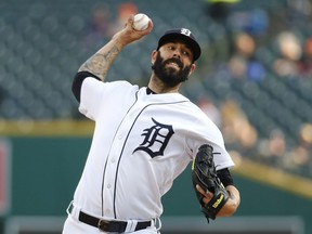 Detroit Tigers pitcher Mike Fiers throws against the Cleveland Indians in the first inning of a baseball game in Detroit, Monday, May 14, 2018.