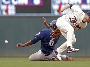 Milwaukee Brewers' Lorenzo Cain, left, slides safely into second after a wild pitch by Minnesota Twins pitcher Fernando Romero and a throwing error by catcher Bobby Wilson to second baseman Brian Dozier, right, during the first inning of a baseball game Saturday, May 19, 2018, in Minneapolis.