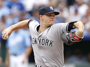 New York Yankees starting pitcher Sonny Gray throws during the first inning of a baseball game against the Kansas City Royals Sunday, May 20, 2018, in Kansas City, Mo.