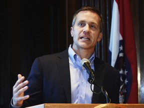 FILE - In this April 11, 2018, file photo, Missouri Gov. Eric Greitens speaks at a news conference in Jefferson City, Mo., about allegations related to an extramarital affair with his hairdresser. A judge on Monday, May 7, will consider whether the pivotal witness in Greitens' criminal trial - a woman involved in an affair with him - should be prohibited from testifying.