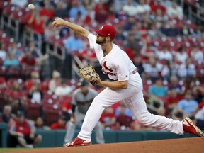 St. Louis Cardinals starting pitcher John Gant throws during the first inning of a baseball game against the Minnesota Twins Monday, May 7, 2018, in St. Louis.