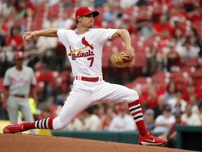 St. Louis Cardinals starting pitcher Luke Weaver throws during the first inning of the team's baseball game against the Philadelphia Phillies on Thursday, May 17, 2018, in St. Louis.