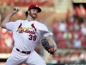 St. Louis Cardinals starting pitcher Miles Mikolas throws during the first inning of a baseball game against the Kansas City Royals Monday, May 21, 2018, in St. Louis.