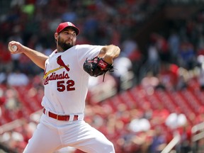 St. Louis Cardinals starting pitcher Michael Wacha throws during the first inning of a baseball game against the Kansas City Royals Wednesday, May 23, 2018, in St. Louis.