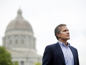 Missouri Gov. Eric Greitens pauses before delivering remarks to a small group of supporters near the capitol announcing the release of funds for the state's biodiesel program Thursday, May 17, 2018, in Jefferson City, Mo.