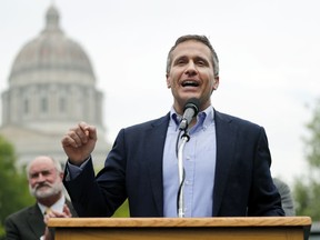 Missouri Gov. Eric Greitens speaks to a small group of supporters announcing the release of funds for the state's biodiesel program Thursday, May 17, 2018, in Jefferson City, Mo.