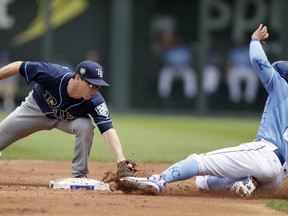 Tampa Bay Rays second baseman Joey Wendle, left, tags out Kansas City Royals' Jon Jay during the first inning of a baseball game at Kauffman Stadium in Kansas City, Mo., Wednesday, May 16, 2018.