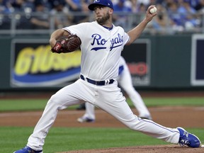 Kansas City Royals starting pitcher Danny Duffy delivers to a New York Yankees batter during the first inning a baseball game at Kauffman Stadium in Kansas City, Mo., Saturday, May 19, 2018.