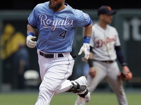 Kansas City Royals' fielder Alex Gordon (4) rounds the bases after his solo home run during the fourth inning of a baseball game against the Detroit Tigers at Kauffman Stadium in Kansas City, Mo., Thursday, May 3, 2018.
