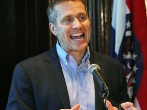 In this photo taken  April 11, 2018, Missouri Gov. Eric Greitens speaks at a news conference about allegations related to his extramarital affair with his hairdresser, in Jefferson City, Mo. Missouri House Democrats are demanding that the Republican leadership launch immediate impeachment proceedings against Greitens, accusing Republicans of stalling.