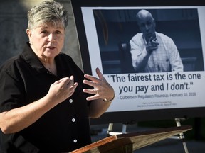 File - In this Sept. 29, 2016, file photo, Chairperson of the Montana Democratic Party Nancy Keenan talks about then Republican gubernatorial candidate Greg Gianforte during a news conference on the steps of the State Capitol in Helena, Mont. The head of the Montana Democratic Party on Thursday, May 24, 2018, is asking for a congressional ethics investigation into whether Republican U.S. Rep. Greg Gianforte lied to the police and the public about his attack of a reporter last year. The request by the party's executive director, Keenan, comes exactly one year after Guardian reporter Ben Jacobs said Gianforte "body slammed" him for asking a question the day before he won a special election for Montana's only U.S. House seat.