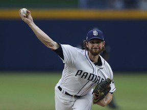 San Diego Padres starting pitcher Bryan Mitchell delivers a pitch during a baseball game against Los Angeles Dodgers, Saturday, May 5, 2018, in Monterrey, Mexico.