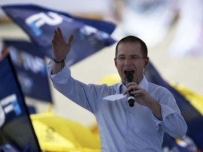 Presidential candidate Ricardo Anaya of the Forward for Mexico Coalition speaks at a campaign rally in Mexico City, Tuesday, May 1, 2018. Mexico will choose a new president on July 1.