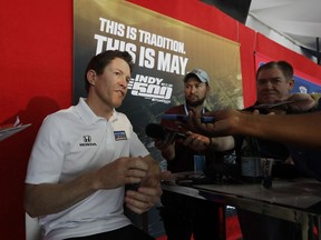 Scott Dixon, of New Zealand, speaks during a media availability for the IndyCar Indianapolis 500 auto race at Indianapolis Motor Speedway, in Indianapolis Thursday, May 24, 2018.