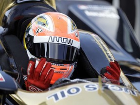 James Hinchcliffe, of Canada, reacts as time expiries during qualifications for the IndyCar Indianapolis 500 auto race at Indianapolis Motor Speedway in Indianapolis, Saturday, May 19, 2018. Hinchcliffe failed to qualify for the race.