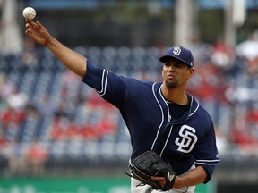 San Diego Padres starting pitcher Tyson Ross throws during the first inning of a baseball game against the Washington Nationals at Nationals Park, Wednesday, May 23, 2018, in Washington.