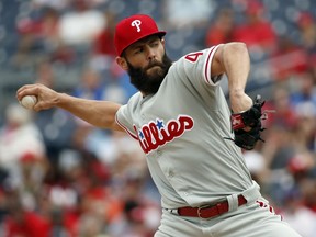 Philadelphia Phillies starting pitcher Jake Arrieta throws during the second inning of a baseball game against the Washington Nationals at Nationals Park, Sunday, May 6, 2018, in Washington.