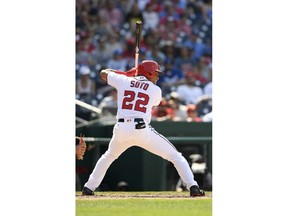 Washington Nationals' Juan Soto bats during the eighth inning of a baseball game against the Los Angeles Dodgers, Sunday, May 20, 2018, in Washington.