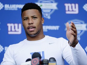 New York Giants running back Saquon Barkley speaks at a news conference at NFL football rookie camp, Friday, May 11, 2018, in East Rutherford, N.J. (AP Photo/Frank Franklin II) Rutherford, N.J.
