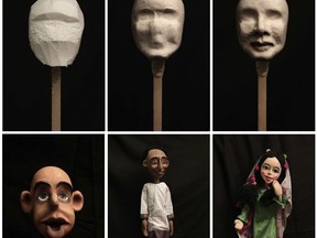 In this combination of six photos taken April 24, 2018, puppets made by Egyptian artist Mohamed Fawzi Bakkar, are displayed against a black backdrop, at his workshop, in Cairo, Egypt. Bakkar designs and builds marionettes from scratch, hoping to revive a traditional art. The 32-year-old spends hours or even days designing puppets inspired by Egyptian life -- farmers, street vendors, butchers and the occasional celebrity.