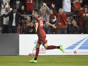 Toronto FC midfielder Jay Chapman (14)celebrates after scoring against Orlando City during second half MLS soccer action in Toronto on Friday, May 18, 2018.