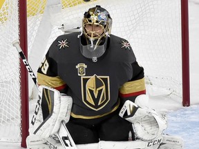 Vegas Golden Knights goaltender Marc-Andre Fleury makes a save against the Winnipeg Jets during the second period of Game 3 of the NHL hockey playoffs Western Conference finals Wednesday, May 16, 2018, in Las Vegas.