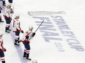 Members of the Washington Capitals warm up prior to Game 2 of the NHL hockey Stanley Cup Finals against the Vegas Golden Knights on Wednesday, May 30, 2018, in Las Vegas.