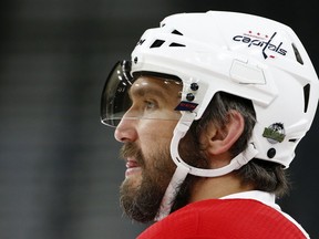 Washington Capitals left wing Alex Ovechkin, of Russia, stands on the ice during practice Tuesday, May 29, 2018, in Las Vegas. Game 2 of the Stanley Cup NHL hockey finals between the Capitals and the Vegas Golden Knights is scheduled for Wednesday.