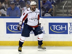 FILE - In this Wednesday, May 23, 2018, file photo, Washington Capitals left wing Alex Ovechkin celebrates a goal against the Tampa Bay Lightning during the first period in Game 7 of the NHL Eastern Conference finals playoff hockey series in Tampa, Fla. Ovechkin is having fun, scoring goals, leading the Capitals to the Stanley Cup Final and destroying the bad rep some laid on him for not being able to get past the second round of the playoffs.