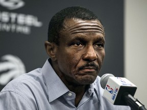 In this Wednesday, May 9, 2018 photo, Toronto Raptors head coach Dwane Casey speaks to media during  an end-of-season NBA basketball media availability in Toronto,. The Raptors have fired Casey on Friday, May 11, 2018, after the team was swept in the playoffs by the Cleveland Cavaliers for second straight season.