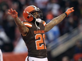 FILE - In this Dec. 24, 2016, file photo, Cleveland Browns' Jamar Taylor gestures during an NFL football game against the San Diego Chargers in Cleveland. A person with knowledge of the situation says the Arizona Cardinals are finalizing a trade that would bring cornerback Jamar Taylor from the Cleveland Browns. The person, who sought anonymity because the trade had not been officially announced, said the deal was expected to be completed later in the day Friday, May 18, 2018.