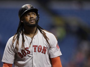 FILE - In this May 24, 2018, file photo, Boston Red Sox's Hanley Ramirez is shown during the first inning of a baseball game against the Tampa Bay Rays, in St. Petersburg, Fla. The Red Sox have designated Hanley Ramirez for assignment to make room for Dustin Pedroia on the 25-man roster as he returns from the disabled list.