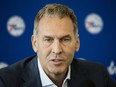 In this May 11, 2018 file photo, Philadelphia 76ers general manager Bryan Colangelo speaks during a news conference at the team's practice facility in Camden, N.J.