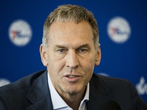 In this May 11, 2018, file photo, Philadelphia 76ers general manager Bryan Colangelo speaks during a news conference at the team's practice facility in Camden, N.J.