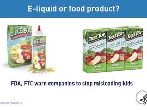This image provided by the Food and Drug Administration shows an e-liquid nicotine. The US Food and Drug Administration issued warnings Tuesday, May 1, 2018, to more than a dozen makers of liquid nicotine for packaging their vaping formulas to resemble children's juice boxes, candies and cookies. (FDA via AP)