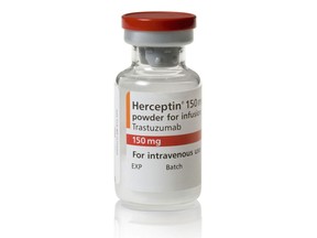 This undated image made available by F. Hoffmann-La Roche shows a vial of the company's Herceptin medication. According to a study released on Wednesday, May 16, 2018, many women with a common and aggressive form of breast cancer that is treated with Herceptin can get by with six months of the drug instead of the usual 12, greatly reducing the risk of heart damage it can cause. (F. Hoffmann-La Roche via AP)