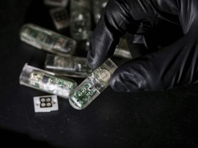 This undated photo provided by the Massachusetts Institute of Technology School of Engineering in May 2018 shows a capsule packed with electronics and genetically engineered living cells in Cambridge, Mass. Researchers at MIT, who tested the swallowable device in pigs, say it correctly detected signs of bleeding. The results, published online Thursday, May 24, 2018 by the journal Science, suggest a smaller version of the capsule could eventually be used in humans to find signs of ulcers, inflammatory bowel disease or even colorectal cancer.