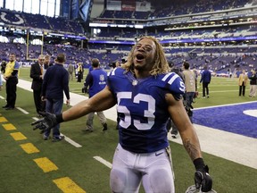 FILE - In this Nov. 20, 2016, file photo, Indianapolis Colts linebacker Edwin Jackson (53) walks off the field following an NFL football game against the Tennessee Titans in Indianapolis. Georgia Southern University honored Jackson on Sunday, May 6, 2018, an alumnus killed by a drunken driver in February.