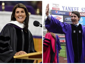 United Nations Ambassador Nikki Haley, left, gives the 2018 Commencement speech May 10, 2018, in Clemson, S.C., and Prime Minister Justin Trudeau takes part in the procession prior to delivering the commencement address to New York University graduates at Yankee Stadium in New York on May 16, 2018. (AP Photo/The Canadian Press)