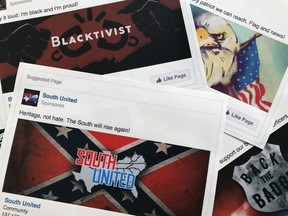 FILE - This Nov. 1, 2017, file photo shows some of the Facebook ads linked to a Russian effort to disrupt the American political process and stir up tensions around divisive social issues, released by members of the U.S. House Intelligence committee, are photographed in Washington. Facebook says it will require political advertisers in the U.S. to label "issue ads" that disclose who paid for them, part of its ongoing efforts to prevent elections-related misuse of its platform. Such ads played prominently in Russia's efforts to interfere in the 2016 U.S. elections.