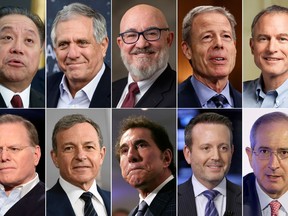 This photo combination shows the highest-paid CEOs at big U.S. companies for 2017, as calculated by The Associated Press and Equilar, an executive data firm. Top row, from left: Hock E. Tan, Broadcom, $103.2 million; Leslie Moonves, CBS, $68.4 million; W. Nicholas Howley, TransDigm, $61 million; Jeffrey Bewkes, Time Warner, $49 million; and Stephen Kaufer, TripAdvisor, $43.2 million. Bottom row, from left: David Zaslav, Discovery Communications, $42.2 million; Robert Iger, Walt Disney, $36.3 million; Stephen Wynn, Wynn Resorts, $34.5 million; Brenton Saunders, Allergan, $32.8 million; and Brian Roberts, Comcast, $32.5 million. (AP Photo)