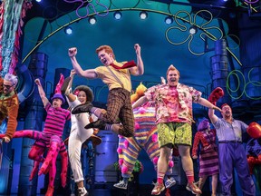 This image released by Boneau/Bryan-Brown shows a performance of "SpongeBob SquarePants," in New York.  The Tony Awards race is dominated by big established brands, including Disney's "Frozen," J.K. Rowling's "Harry Potter" franchise, Tina Fey's "Mean Girls" and Nickelodeon's "SpongeBob SquarePants." The nominations for the 72nd Tony Awards will be announced on Tuesday, May 1.